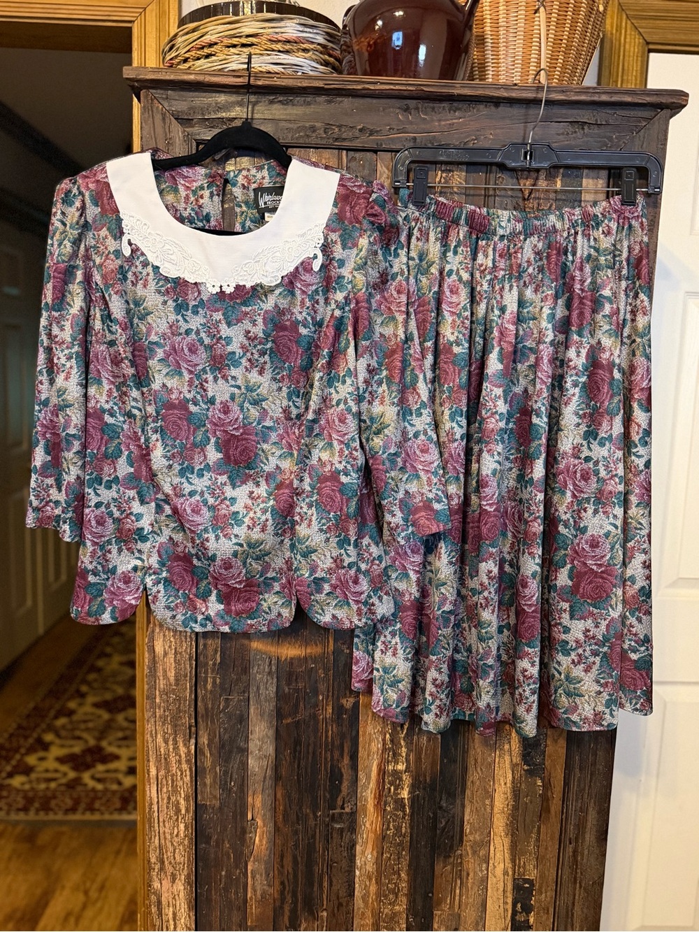 Vintage 90s Floral 2 Piece Skirt Set 16 Lace Collar Made USA grandma prairie
